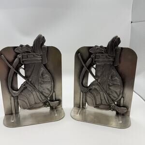 Vintage Metzke Pewter 1980s Golf  Bookend Book Ends Pair Sports